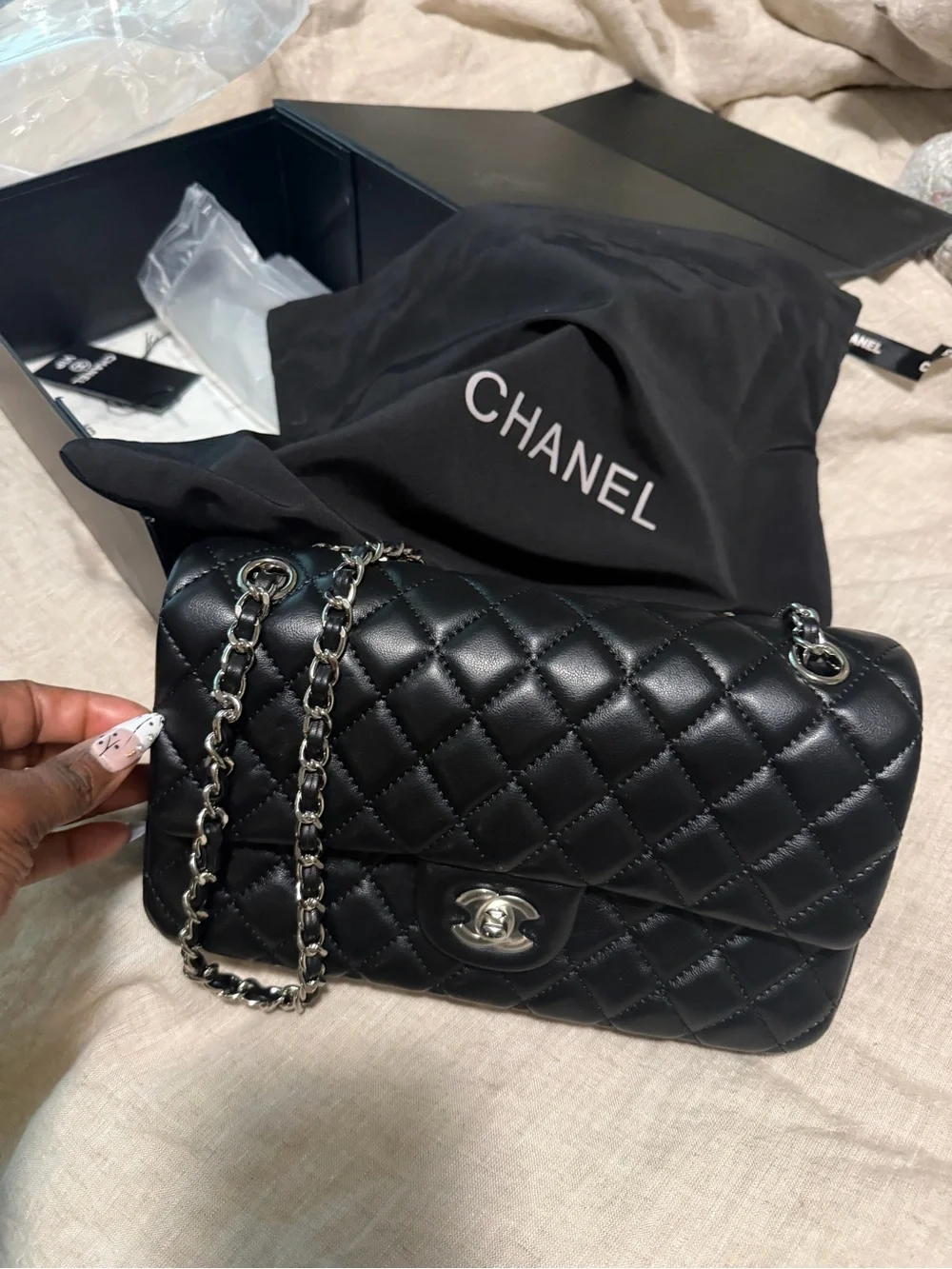 Classic Quilted Caviar Leather Double Flap Bag in Black (Medium size)